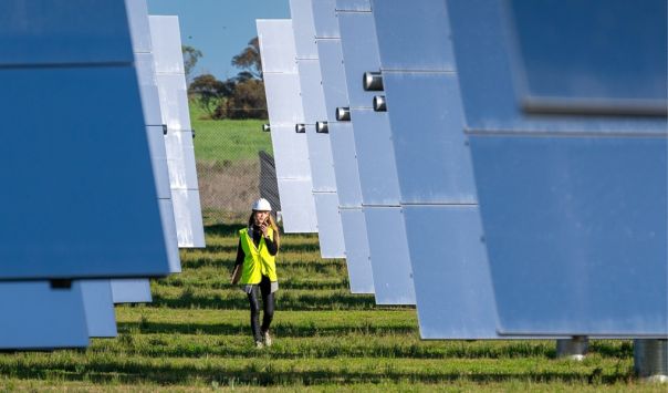 women walking through  solar farm