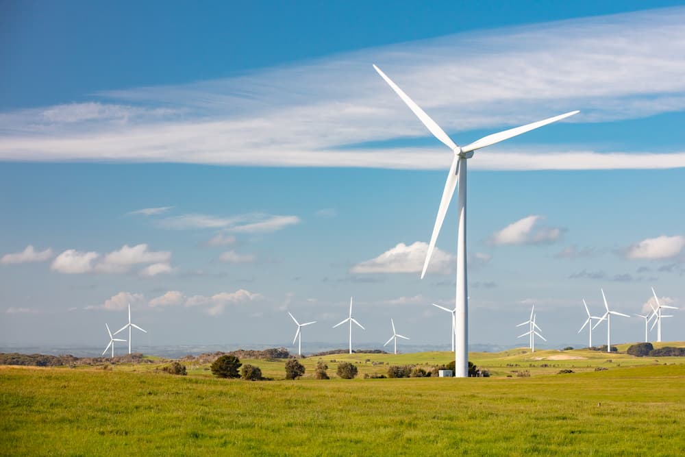 Onshore wind turbines in field