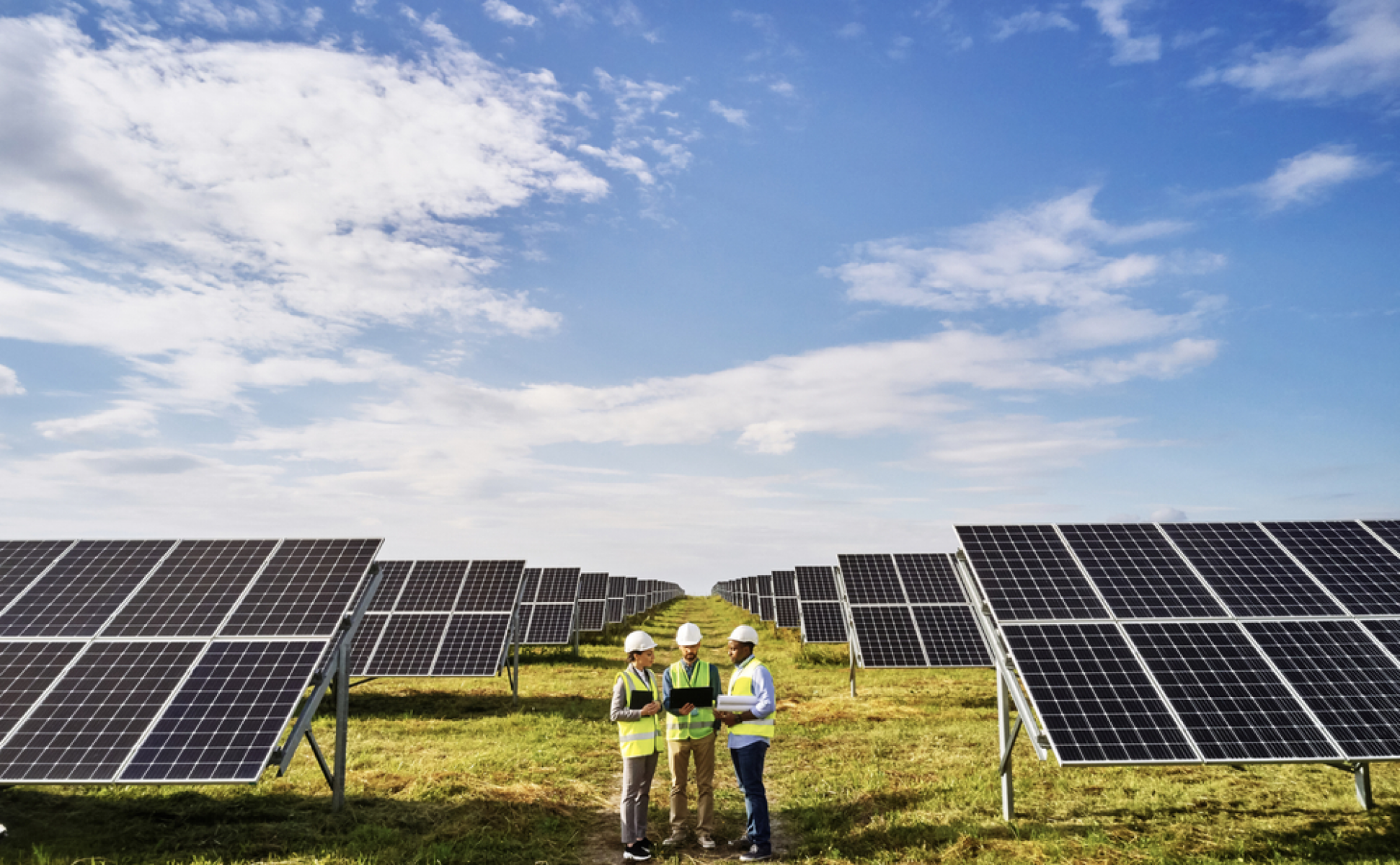 electrician engineers in safety helmet and uniform checking solar panels.