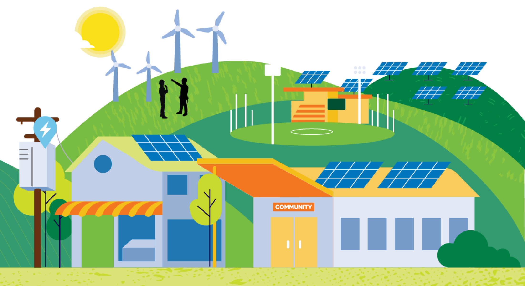 Illustration of buildings and renewable energy technologies