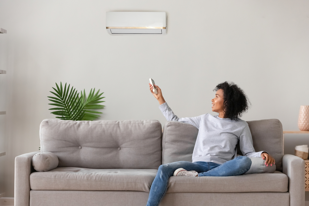 person using air conditioner system remote in living room,  