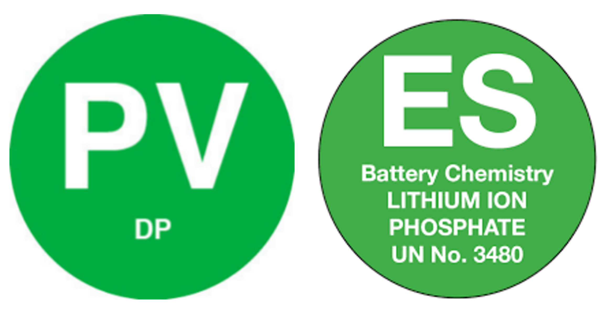 Graphic showing two green circular labels: left label reads 'PV' with 'DP' while right label reads 'ES' and identifies battery chemistry as lithium-ion phosphate.