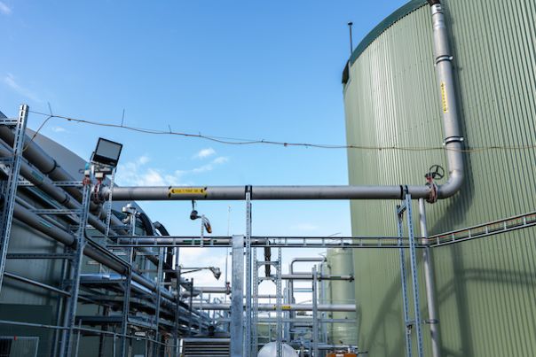 Photo of a silo and associated infrastructure at a biogas facility  