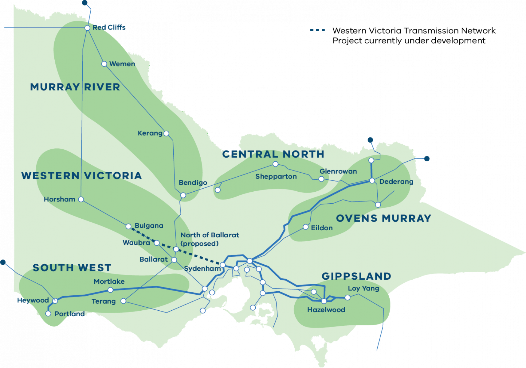Map of Victorian REZs. There are 6 identified REZs -  Central North, Gippsland , Murray River,  Ovens Murray, South Victoria, Western Victoria