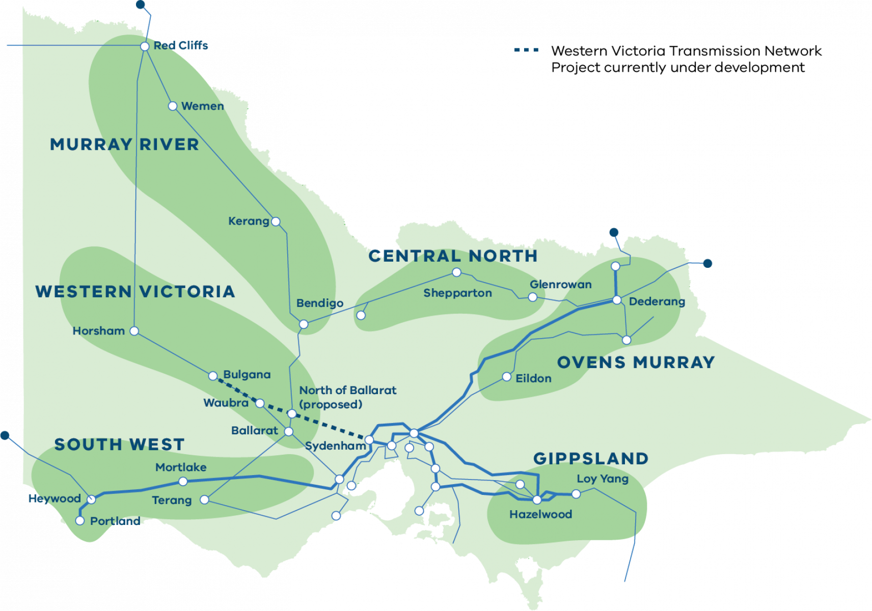Map of Victorian REZs. There are 6 identified REZs - Central North, Gippsland , Murray River, Ovens Murray, South Victoria, Western Victoria