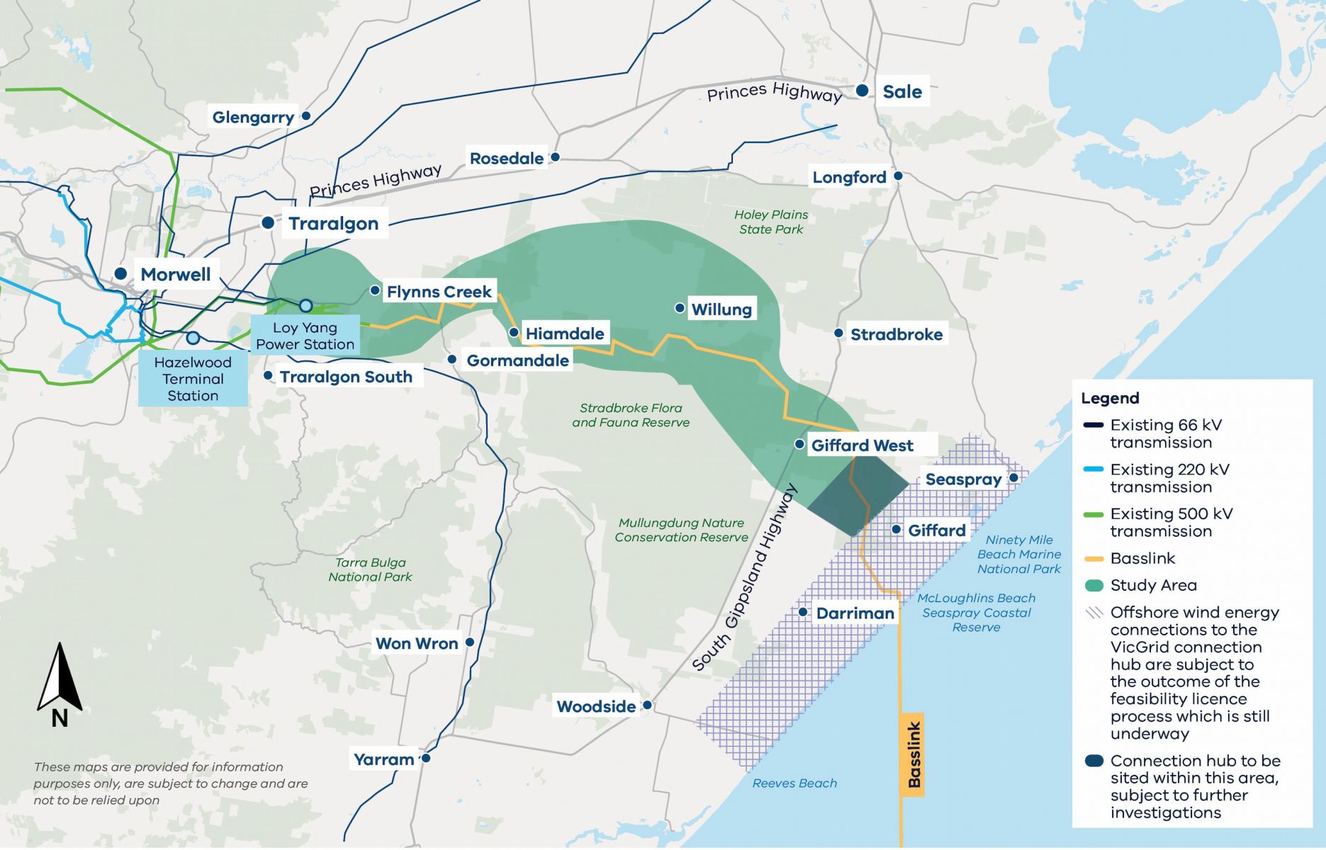 Gippsland offshore wind transmission study area starts about 6 km from the coast near Giffard and travels northwest past Stradbroke West, to Willung, across to Flynns Creek and on to the Loy Yang Power Station