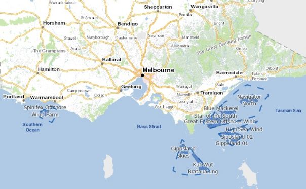 Map of Victoria showing the two declared offshore wind areas
