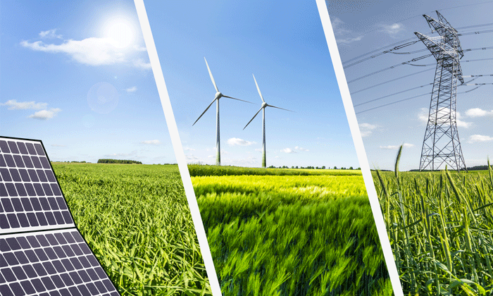 Spliced image of a solar panel, windfarm and overhead powerlines  
